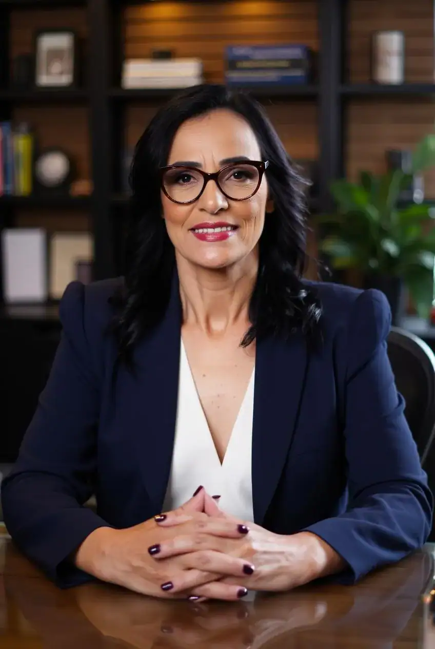 Advogada sorridente com óculos, sentada em escritório de advocacia em Maringá PR.