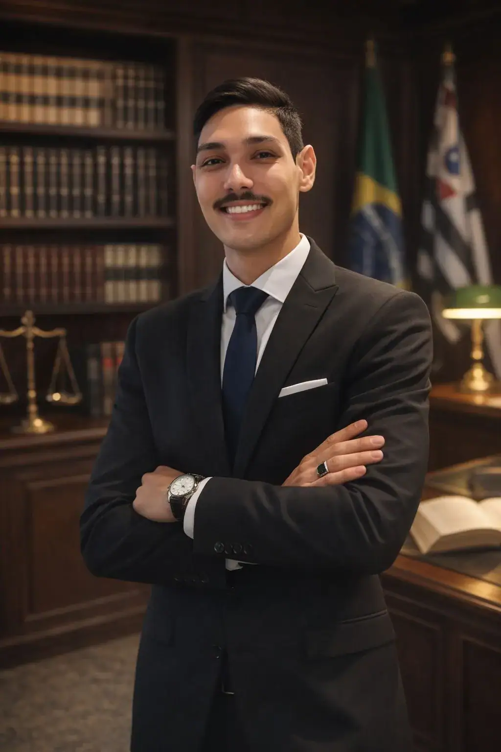 Advogado sorridente em escritório de advocacia com bandeiras do Brasil e São Paulo ao fundo.