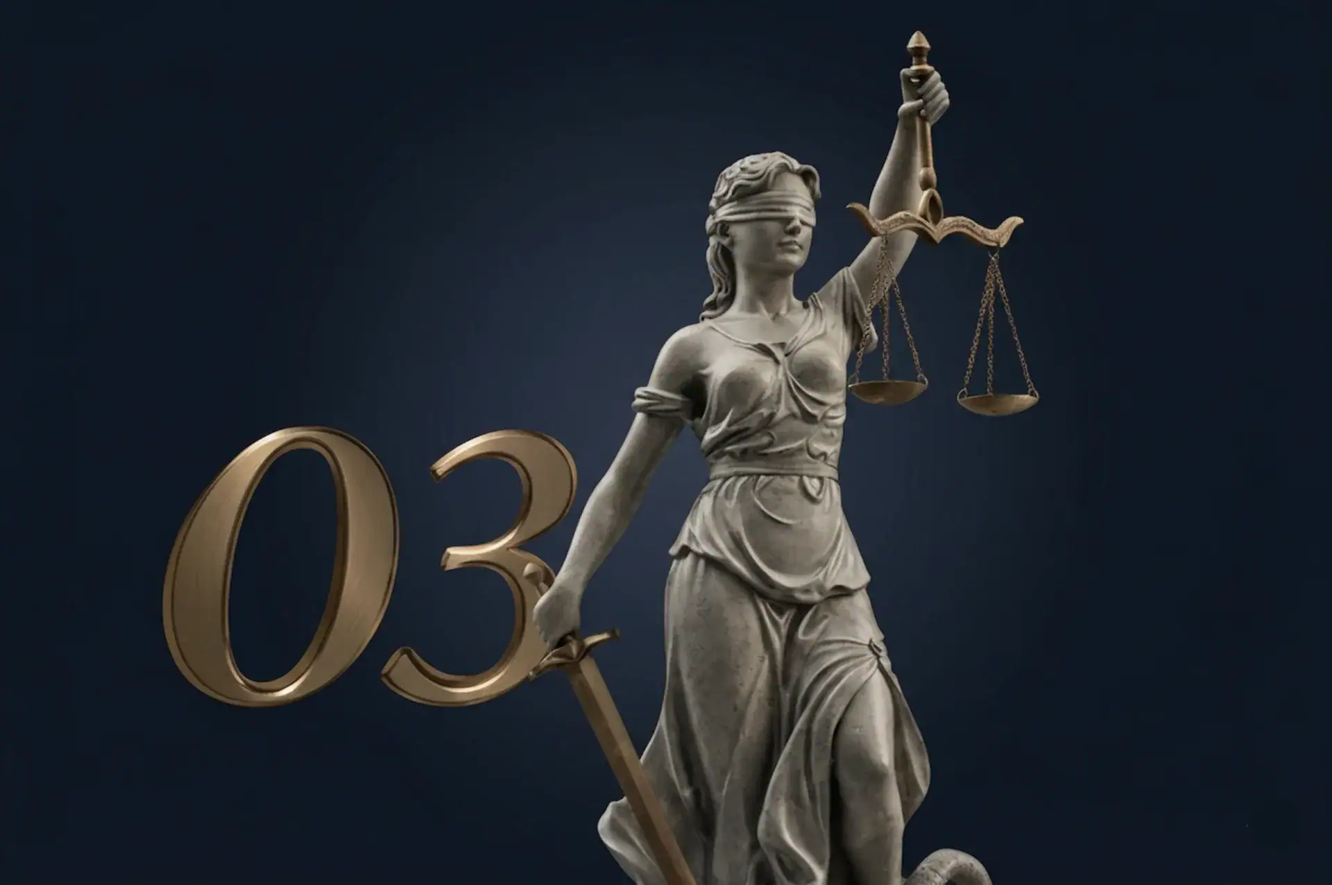 Escultura de deusa da justiça segurando balança e espada, simbolizando equidade e lei.