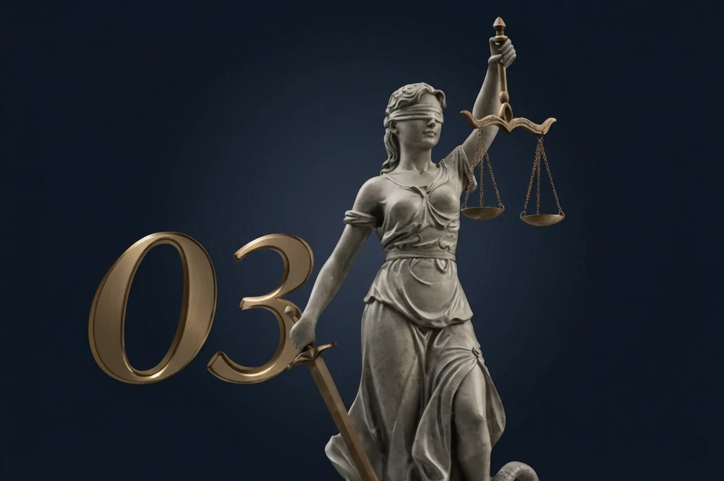 Escultura de deusa da justiça segurando balança e espada, simbolizando equidade e lei.