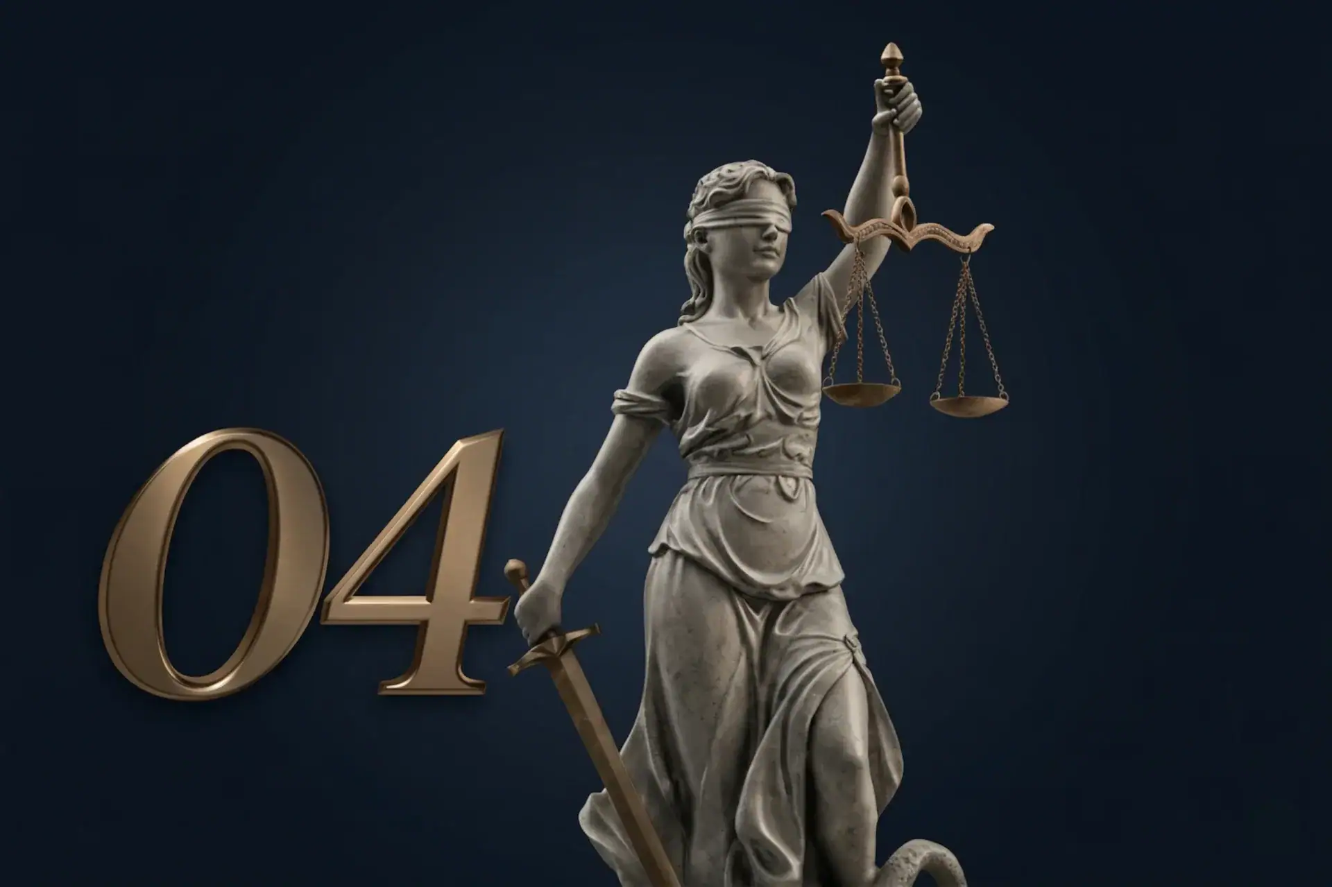 Imagem de uma estátua da deusa Têmis segurando uma balança e uma espada, representando justiça e imp.