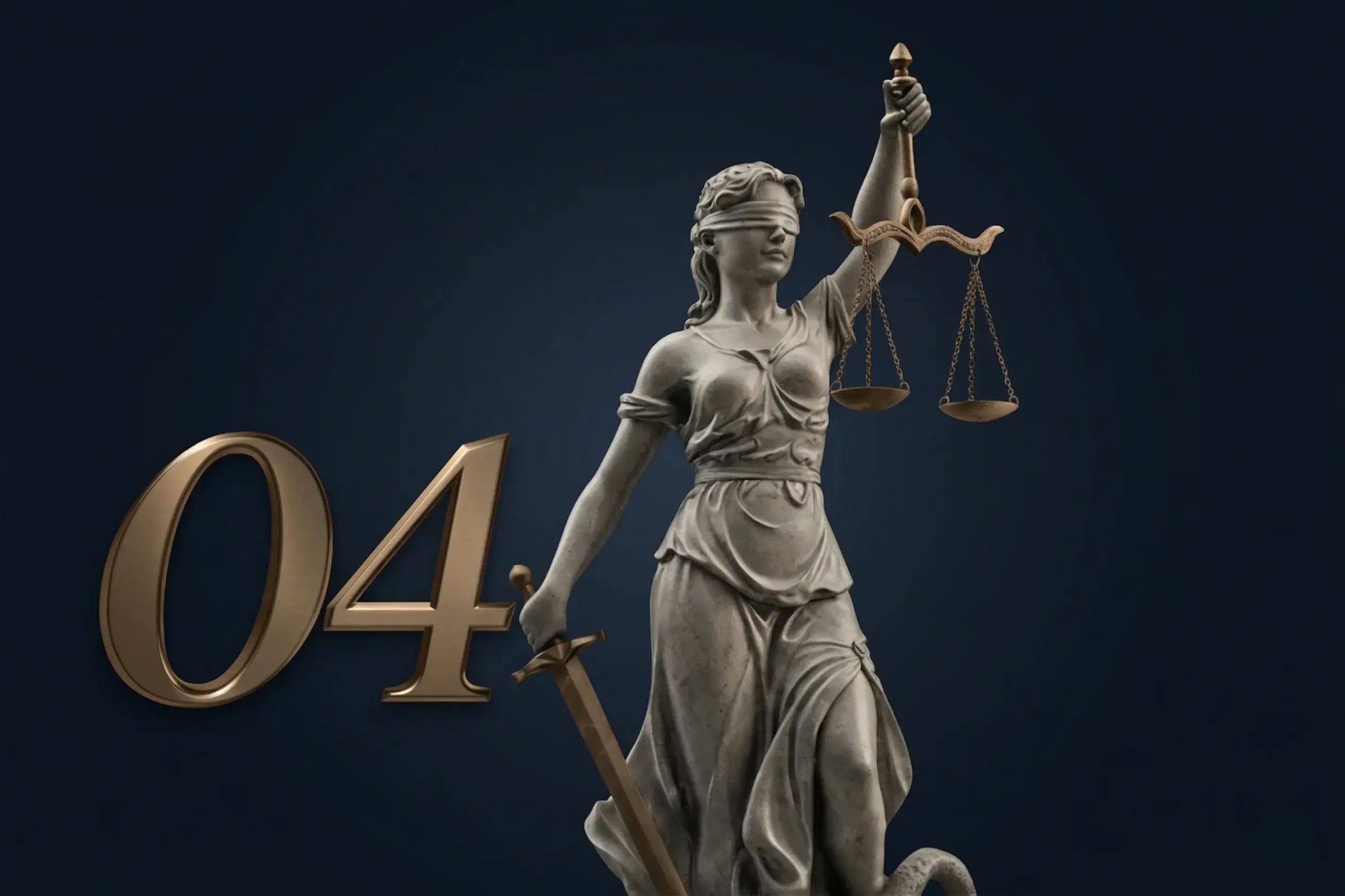 Imagem de uma estátua da deusa Têmis segurando uma balança e uma espada, representando justiça e imp.
