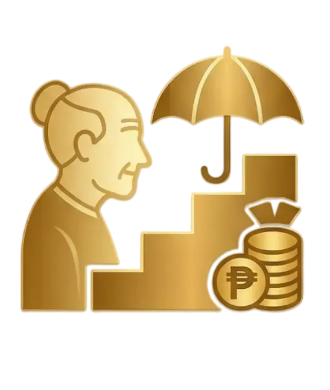 Ilustração de uma idosa com dinheiro, guarda-chuva e escada dourada.