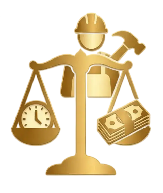 Imagem de uma balança dourada com capacete, martelo, relógio e dinheiro.