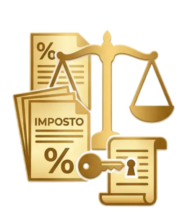 Balança da justiça com documentos de imposto e porcentagens.